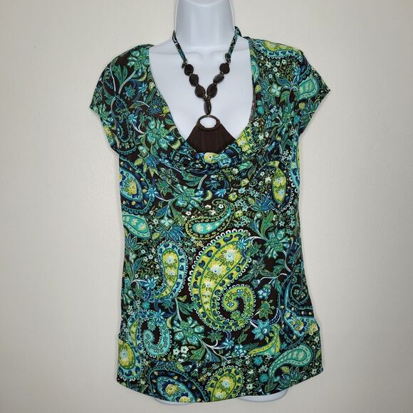 Vintage apt 9 green brown paisley print beaded tie halter party top small - Picture 1 of 6